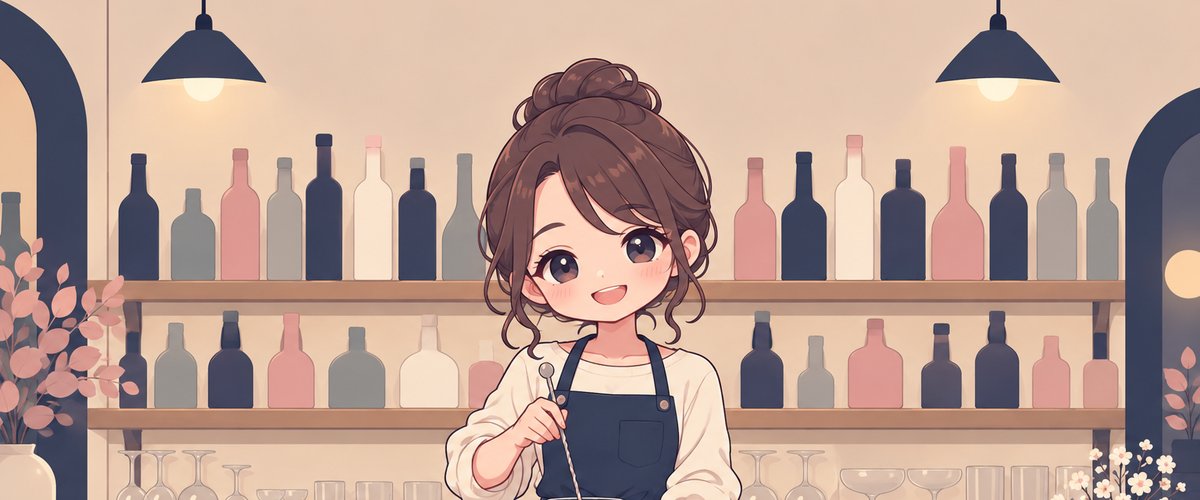 カウンターでドリンクを作る女性のイラスト