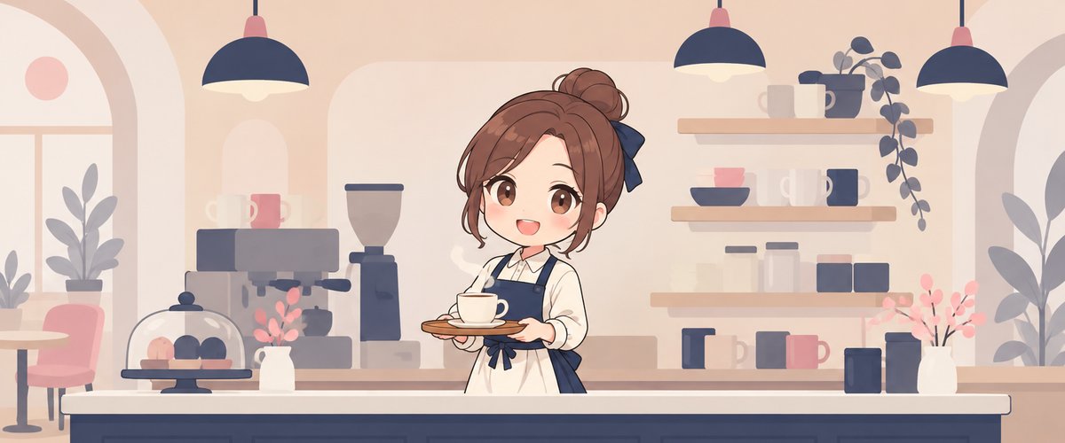 カフェのカウンターに立つ女性のイラスト