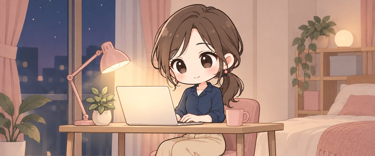 夜の部屋でノートパソコンに向かう女性のイラスト
