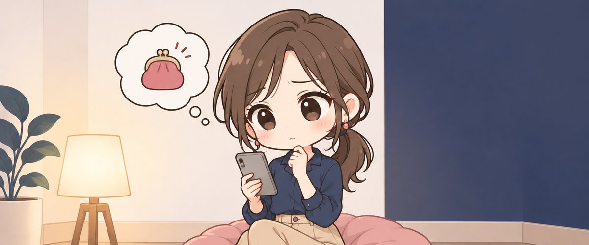 スマホを見ながら考えこむ女性のイラスト
