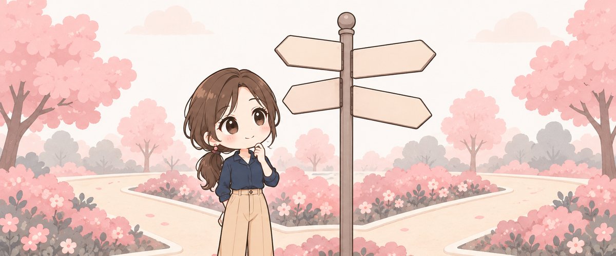 道の分かれ目で行き先を考える女性のイラスト