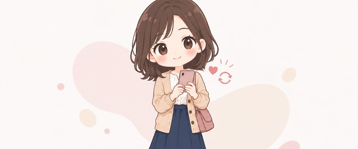 スマホを持って笑顔を見せる女性のイラスト