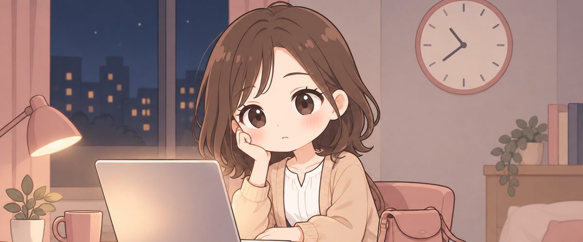 夜にパソコンの前で待ちくたびれている女性のイラスト
