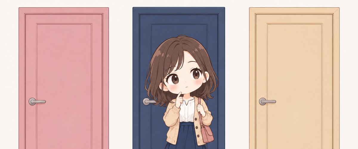 3つの色のドアの前で、どれにしようか迷う女性のイラスト