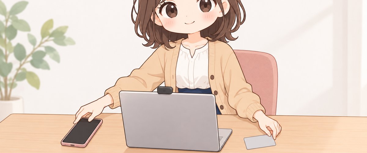 スマホとカメラ付きのパソコンと身分証を机に並べる女性のイラスト
