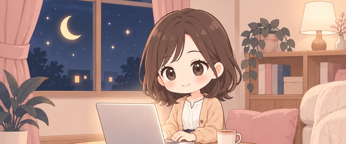 夜に月の見える部屋でパソコンに向かう女性のイラスト
