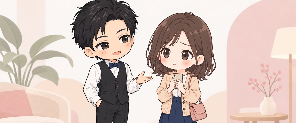 不安そうな女性に黒服の男性がやさしく説明しているイラスト